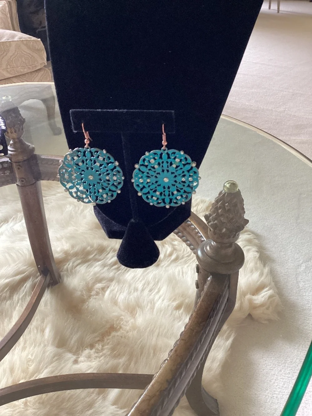 Chic Turquoise color with crystal earrings. Pierced.